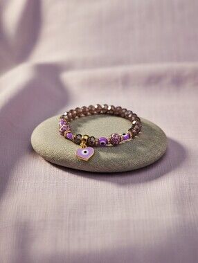 Women's Purple Evil Eye Handmade Smokey Quartz Natural Stone‎ Charm Bracelet